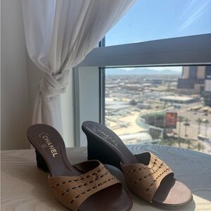 CHANEL Women's Brown Mules with Black Heel